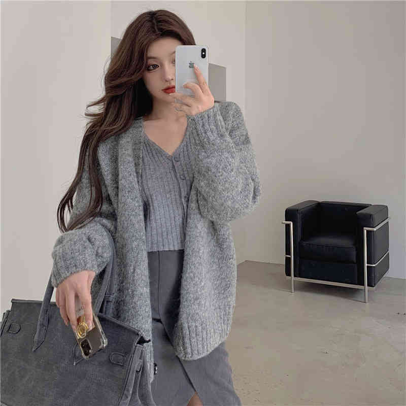 Autumn winter korean style soft knittd cardigans womens grey sweaters cardigans womans (R99460) 210423