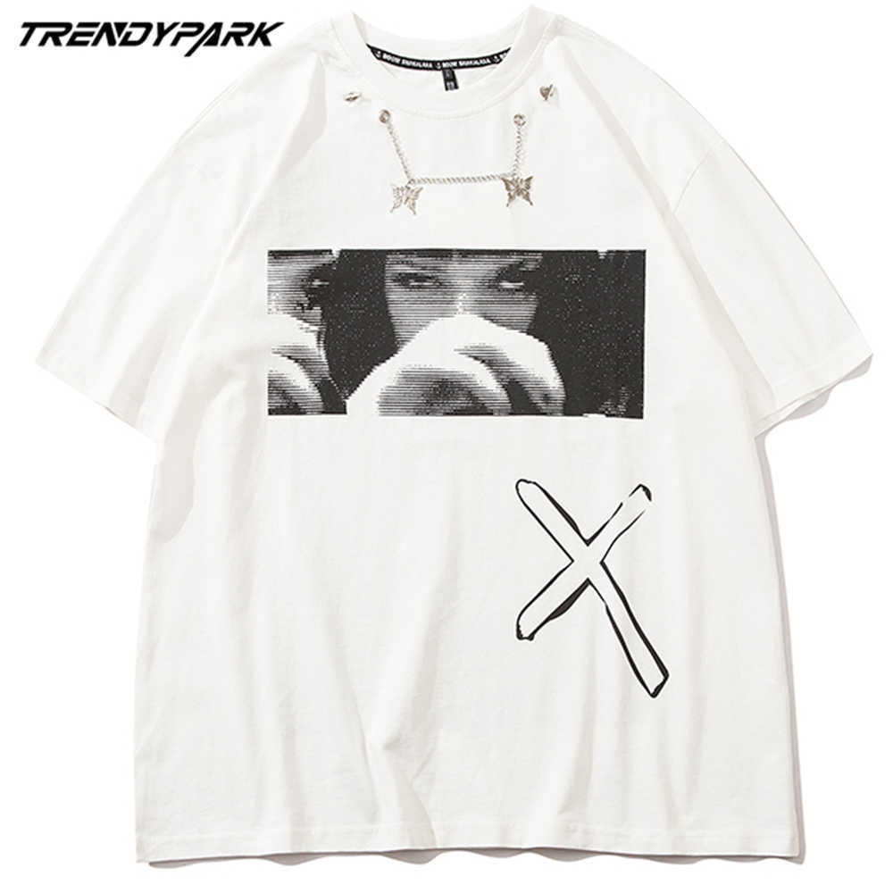 Men's T-shirt with Necklace Girl In Movie Clip Printed Short Sleeve Hip Hop Oversized Cotton Casual Harajuku Tops Tee T-shirts 210601