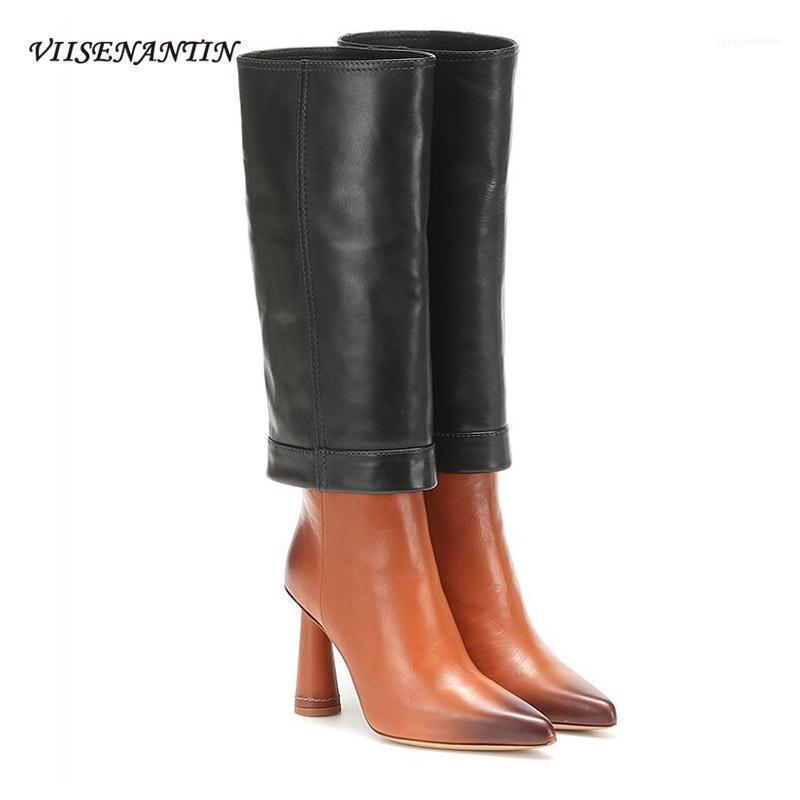 Boots VIISENANTIN 2021 Genuine Leather Fold Knee-high Pointed Toe Covered Spike Heels Booties Feminina Brown Black1