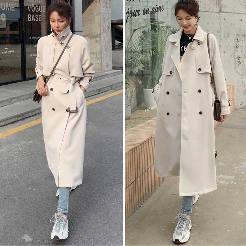 DEAT Trench Coat Women elegant Stand Collar With Belt Pick Hip Solid Beige High Street Autumn Fashion TU159 210820