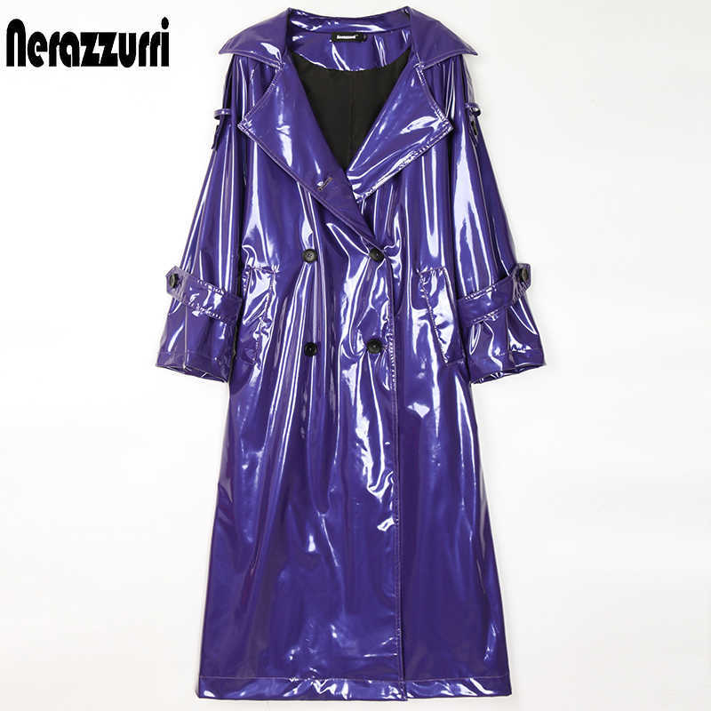 Nerazzurri Long waterproof black patent leather trench coat for women double breasted iridescent oversized leather coat 7xl 210908