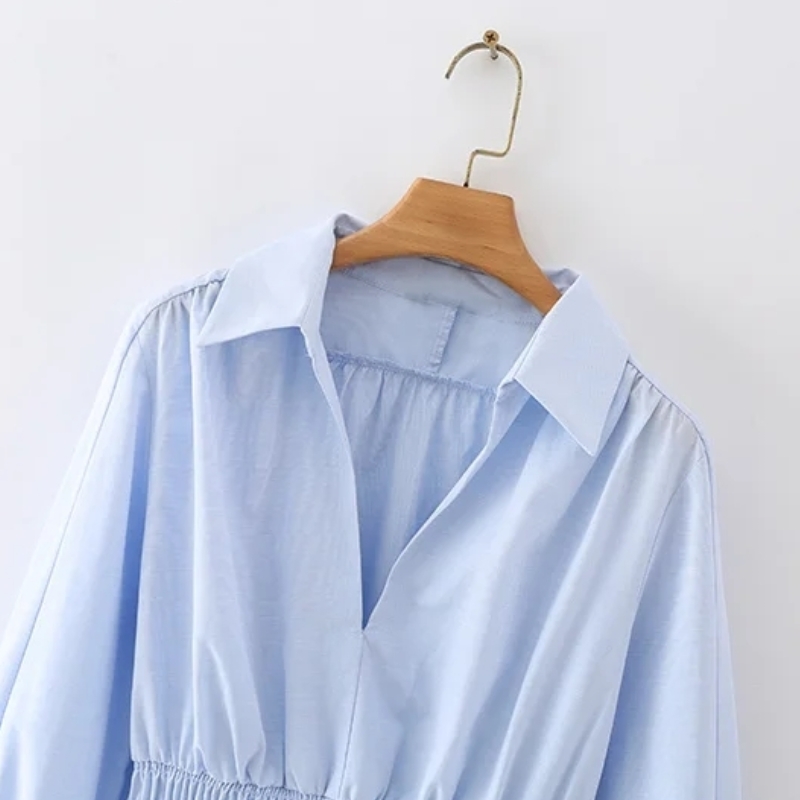 Women V Neck Elastic Waist Blue Mini Dress Female Nine Quarter Sleeve Clothes Casual Lady Loose Vestido D7508 210430Z