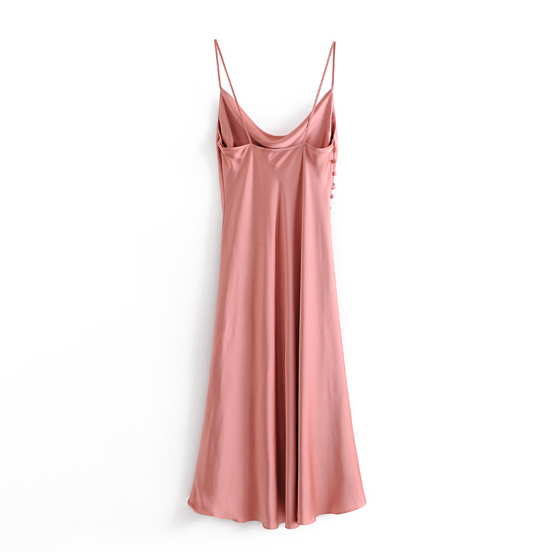 PUWD Vintage Woman V Neck Silk Spaghetti Strap Dress Spring Elegant Ladies Soft Side Slit Long Dresses Female Chic Dress 210524