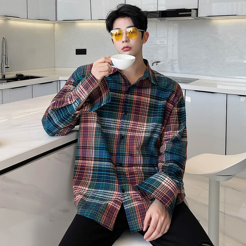 IEFB Men's Wear Vintage Red Plaid Long Sleeve Shirt Loose Big Size Turn Down Collar Single Breasted Blouse Tops For Male 9Y5552 210524