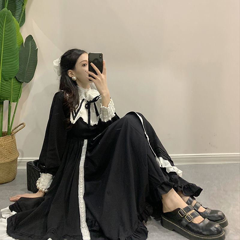 Japanese Lolita Dress Women Gothic Kawaii Midi Long Female Lace-Up Ruffles Vintage Sweet Korean 210519