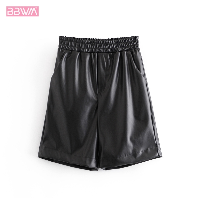 Faux Leather Casual Shorts High Waist Women's Western Style Fashion Elastic Waist Loose Black Chic Female PU shorts 210507