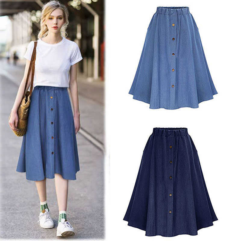 Fashion Korean Preppy Style Denim Skirt Solid Color Long Nature Waist Female Big Hem Casual Button Jean 210621