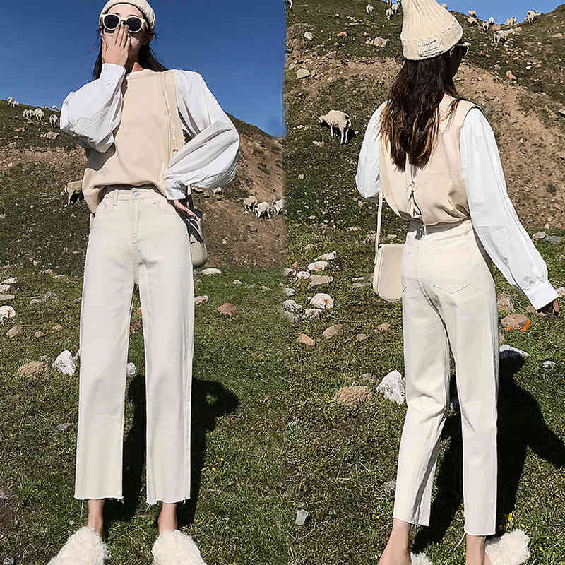 Autumn Casual Denim TrouserHigh Waist Jeans Women Plus Size Boyfriend Straight Vintage with White Blue Black 10425 210518