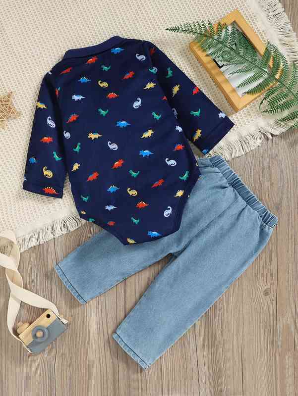 Baby Dinosaur Print Polo Neck Bodysuit & Ripped Jeans SHE
