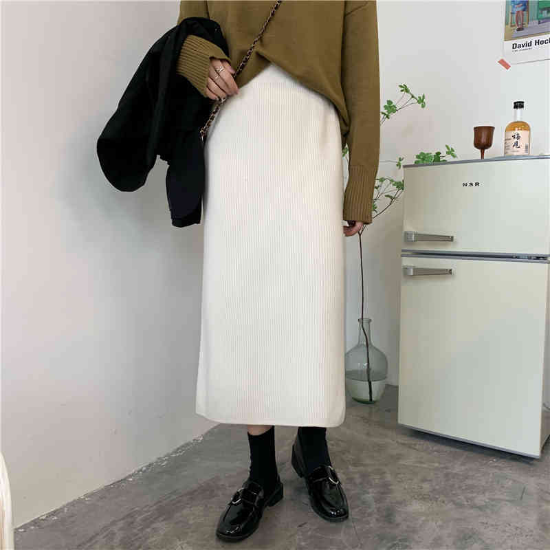 Autumn Winter High Waist Vintage Solid Knitted Skirt Female OL Elegant Fashion Package Hip Long Skirts Womens 4 Color 210421