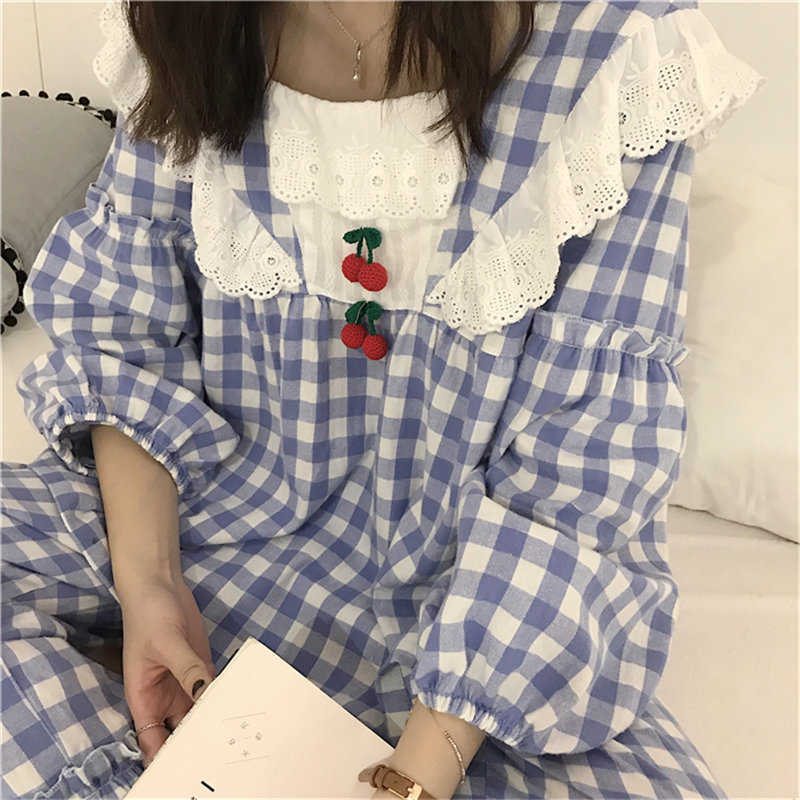 Alien Kitty Sweet Fashion Square Collar Princess Sleepwear Plaid Gentle Chic Women Loose Pajamas Suits Fresh Home Clothes 211007