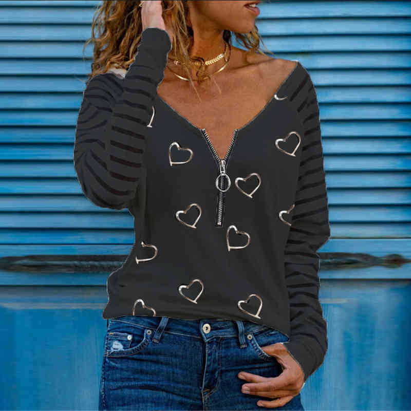 Fashion Women Full Sleeves Streetwear Women Top Casual Shirt Zip V-Neck Long Sleeve Patchwork T-shirt Graphic Tee Lady tshirts 210515