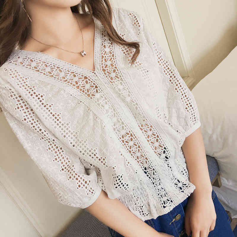 Korean Style Tops Solid Lace Blouse Women Blusas Mujer De Moda Summer Vintage Elegant Patchwork Clothes 9248 210506