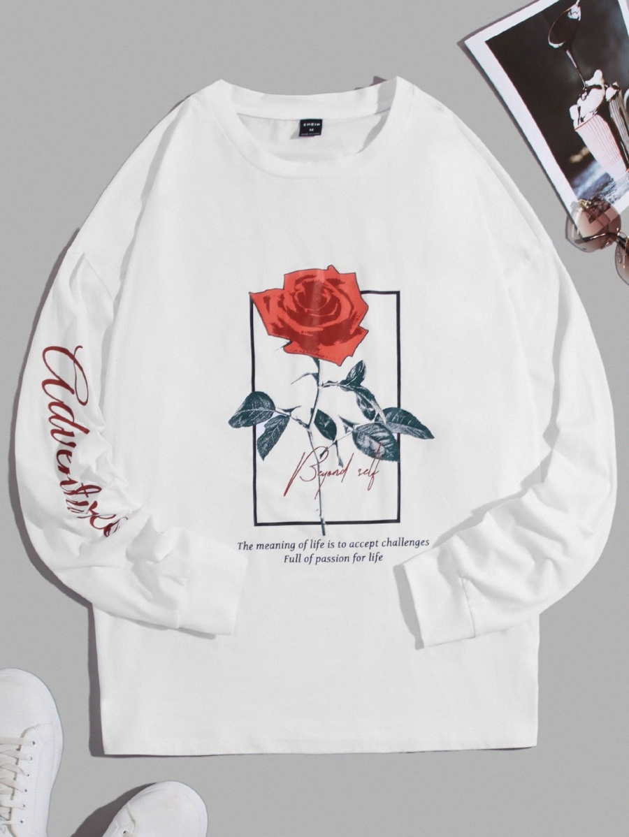 Men Rose & Slogan Graphic Sweatshirt C19y#