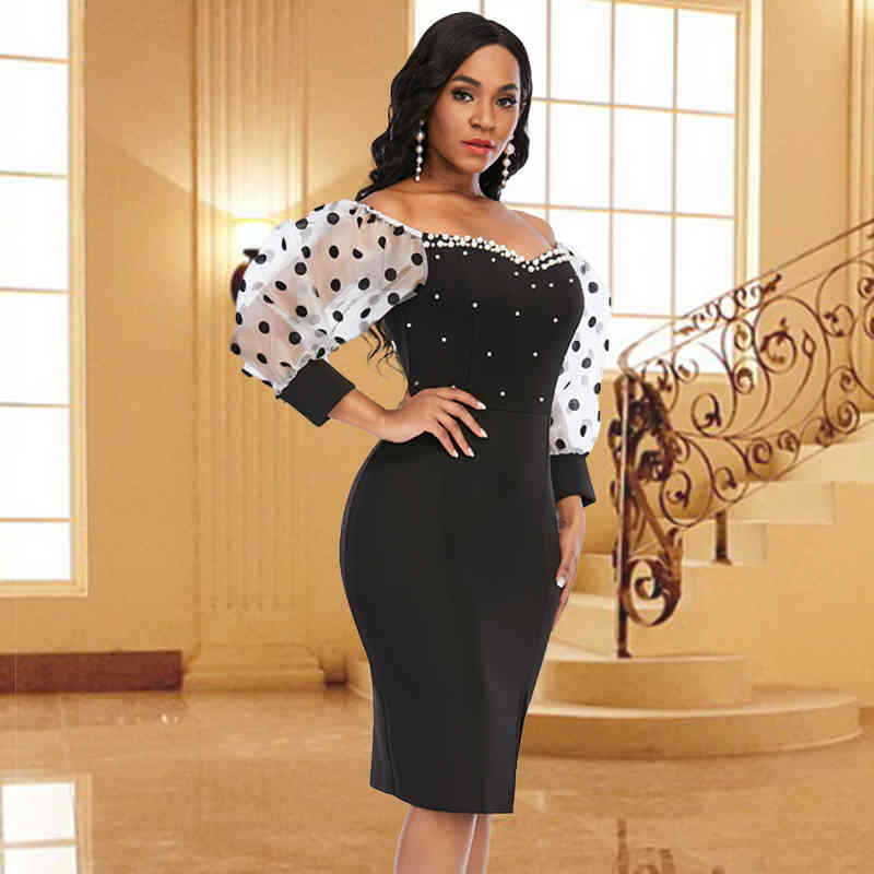 Women Sexy Black Dress Off Shoulder with Polka Dot Mesh Sleeves Patchwork Beading Party Bodycon Slim Fashion for Event Occation 210409