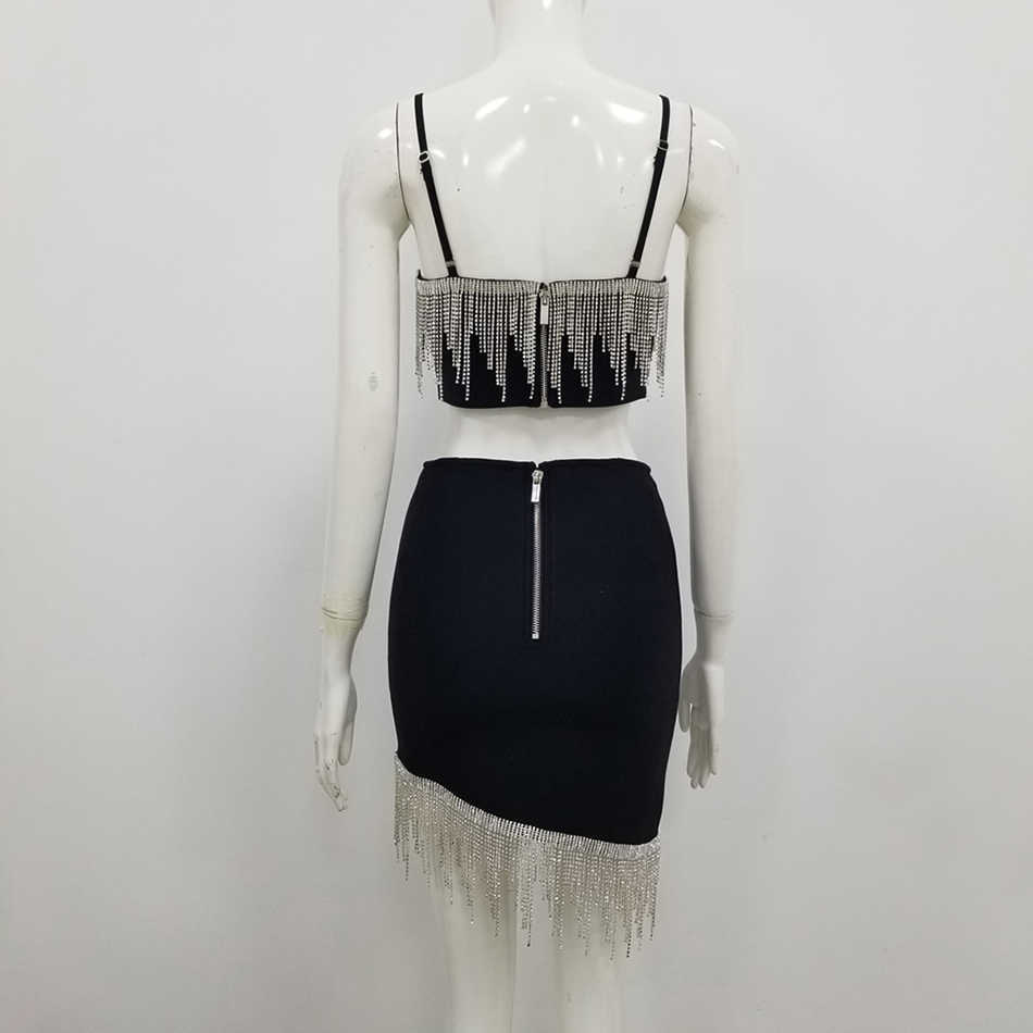 Diamond Tassel Sexy Two-Piece Ladies Summer Party 2-Piece Bodycon Club White Black Bandage Set 210525