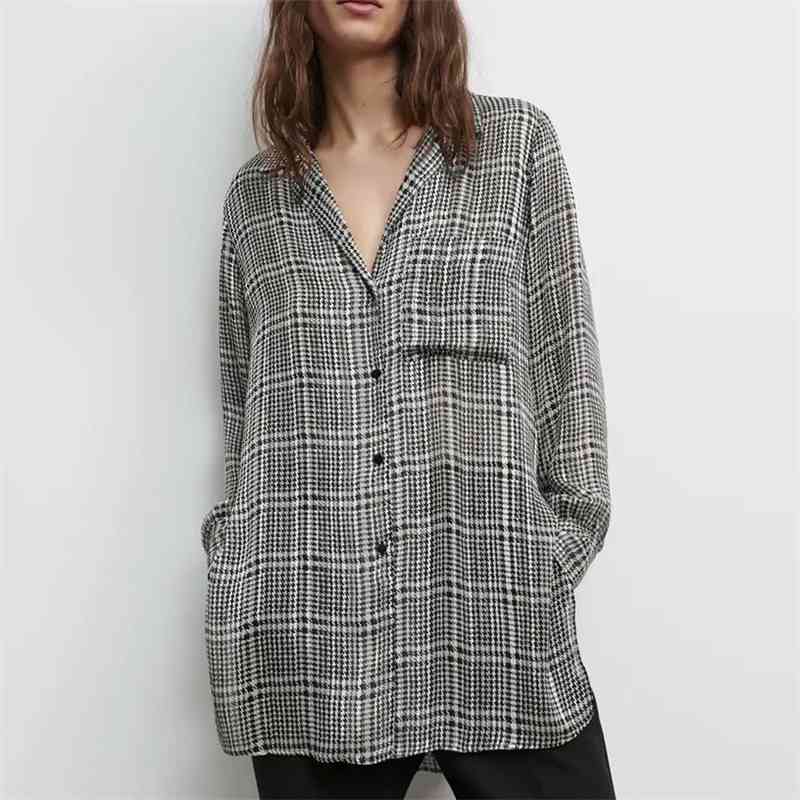 Streetwear Women Grey Plaid Shirts Fashion Ladies V-Neck Button Blouses Elegant Female Causal Chiffon Pocket Shirt 210430