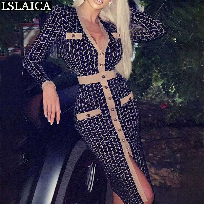 Ladies Dresses Skinny Slim Deep V Neck Fashion Sale Elegant for Women Office Lady Hem Split Button Plaid Dress 210515