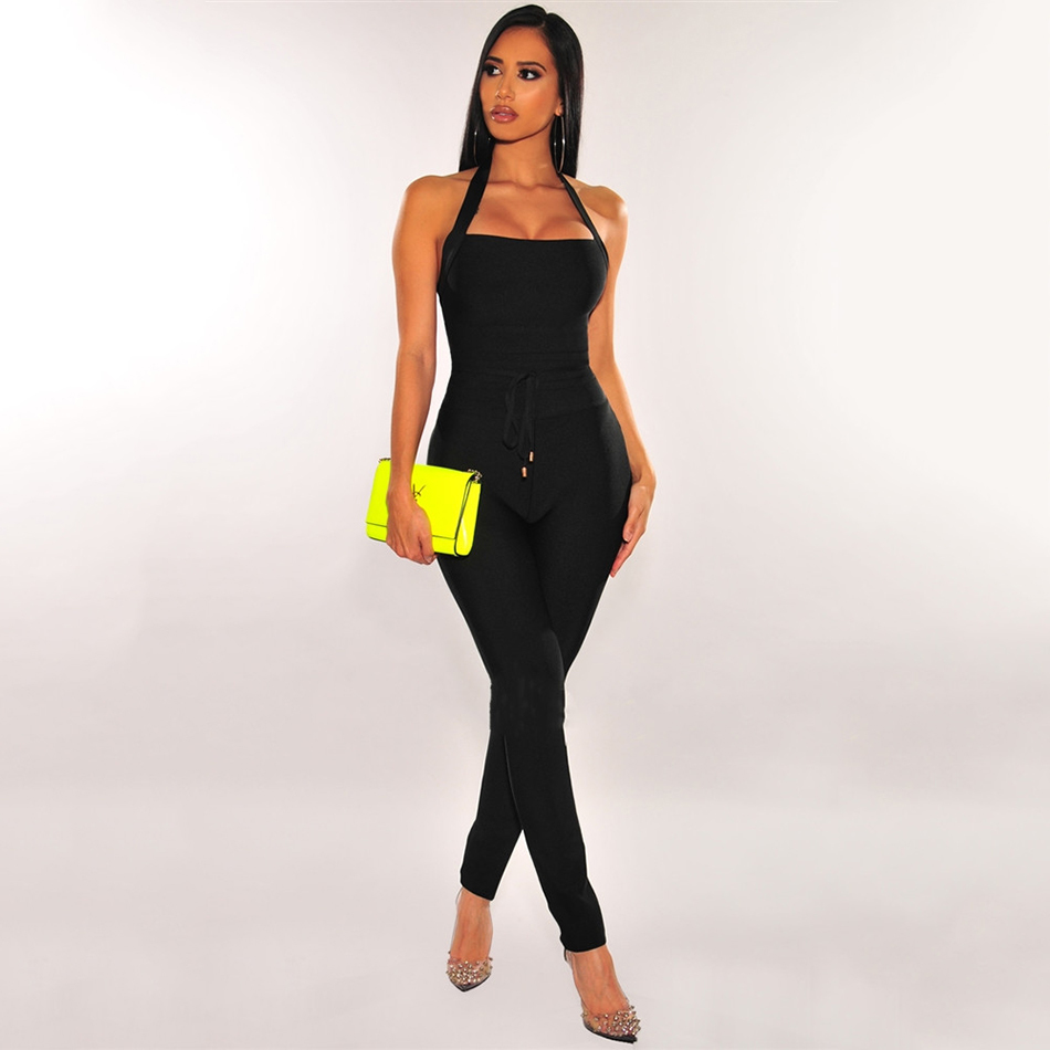 Summer Ladies Bandage Jumpsuit Sexy V-Neck Halter Club Outfit Party Celebrity Long 210525
