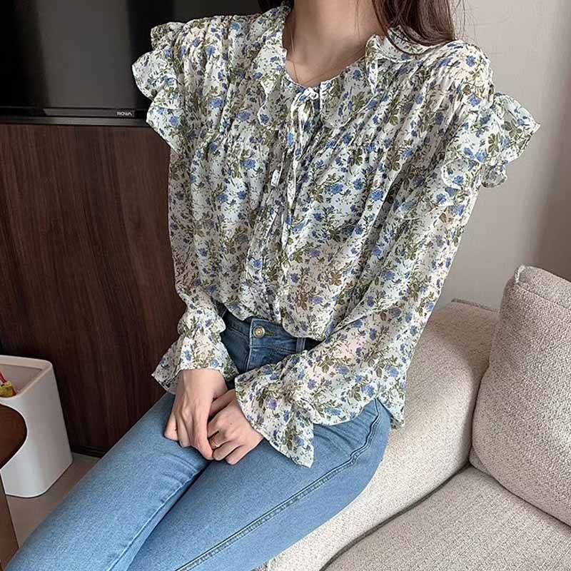 Autumn Printed Wild Chiffon Blouse Korean Clothes Vintage Ruffled Pink Shirts Long Sleeve Woman's Blouses Woman 10336 210518