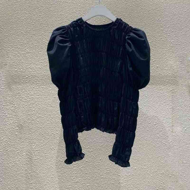 Nomikuma Korean Pleated Stretch Slim Women Blouse Top Vintage Puff Long Sleeve O-neck Shirt Autumn New Blusas Mujer 6C595 210427