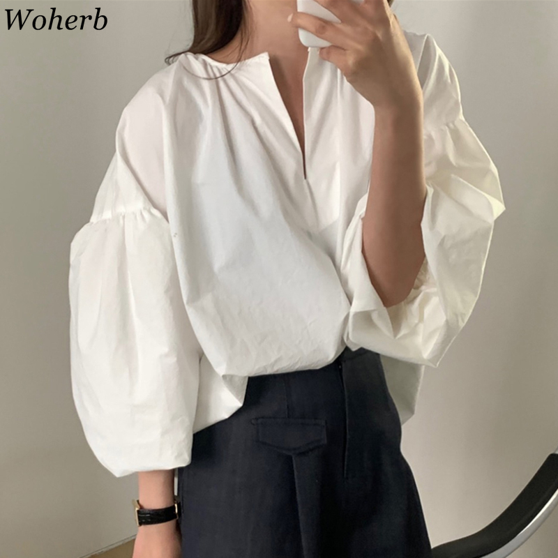 Oversized Lantern Sleeve Blouse Women Korean Chic Fashion Loose Casual V-neck Blusas All Match Shirts 210519
