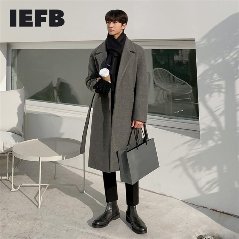 IEFB Korean Winter Woolen Overcoat Men's Long Style Trend Handsome Over Knee Thickening Medium Length Grey Coat With Belt 9Y8465 211122