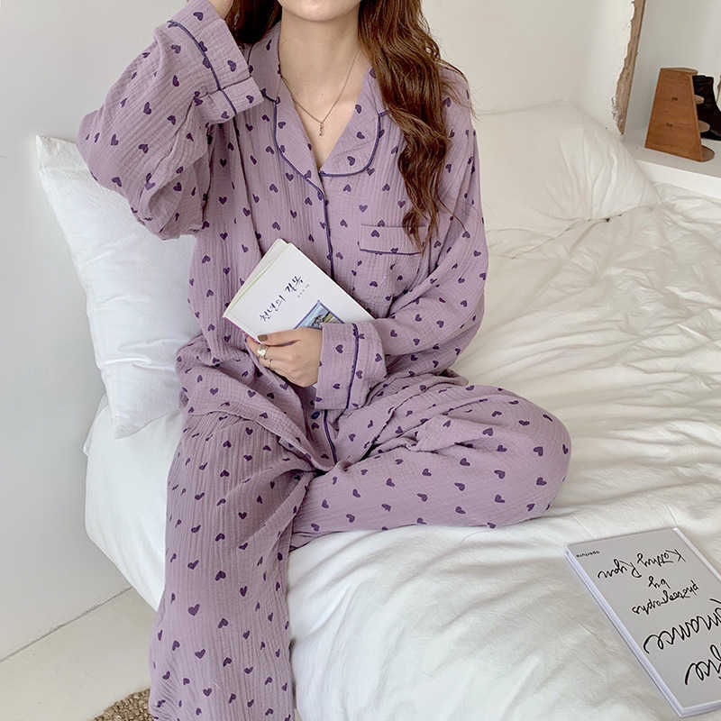 Autumn Winter Sleepwear 2 Pieces Sets For Women's Cotton Pajamas Turn-down Collar Homewear Large Size Pijama Pyjama Female 211007