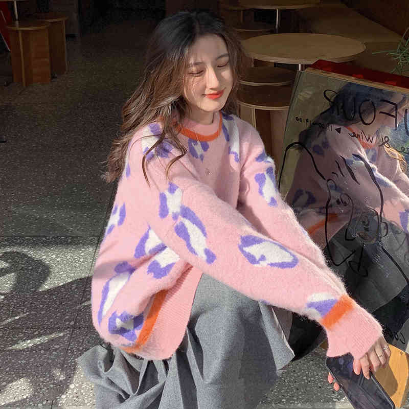 3Colors womens knitted Sweater Autumn and winter loose korean style female Leopard Sweaters and pullovers womens (C8200) 210423
