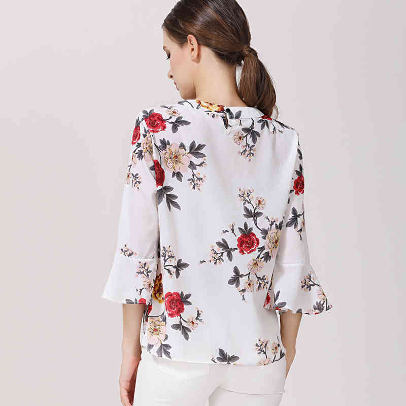 Fashion Printed Chiffon Women Blouses Shirt Floral Flare Sleeve Summer Ladies Tops Feminine Blusas D278 30 210506