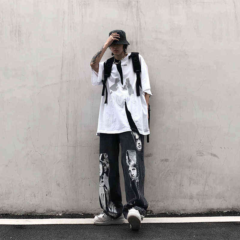 UNCLEDONJM High Street Patchwork Printed Jeans Ins Hip Hop Wide Leg Pants Men hip hop jeans men 211120