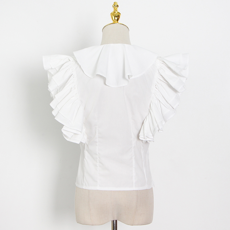 Casual White Ruffle Shirt For Women V Neck Sleeveless Slim Minimalist Blouses Females Summer Fashion Style 210524
