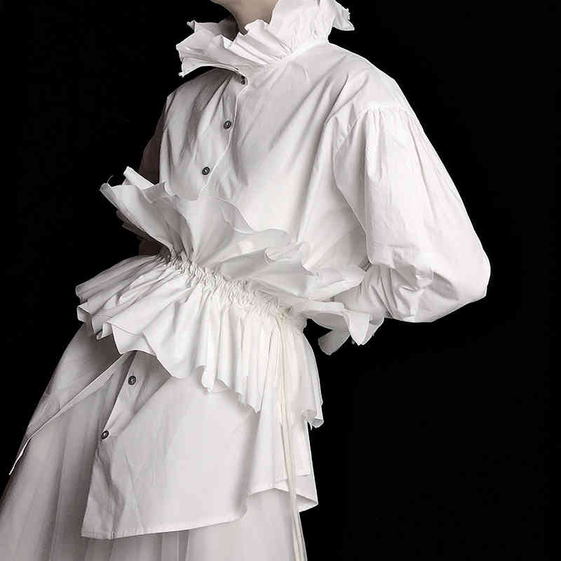 Patchwork Ruched White Shirt For Women Stand Long Sleeve Casual Elegant Blouse Female Fashion Clothes Summer 210524