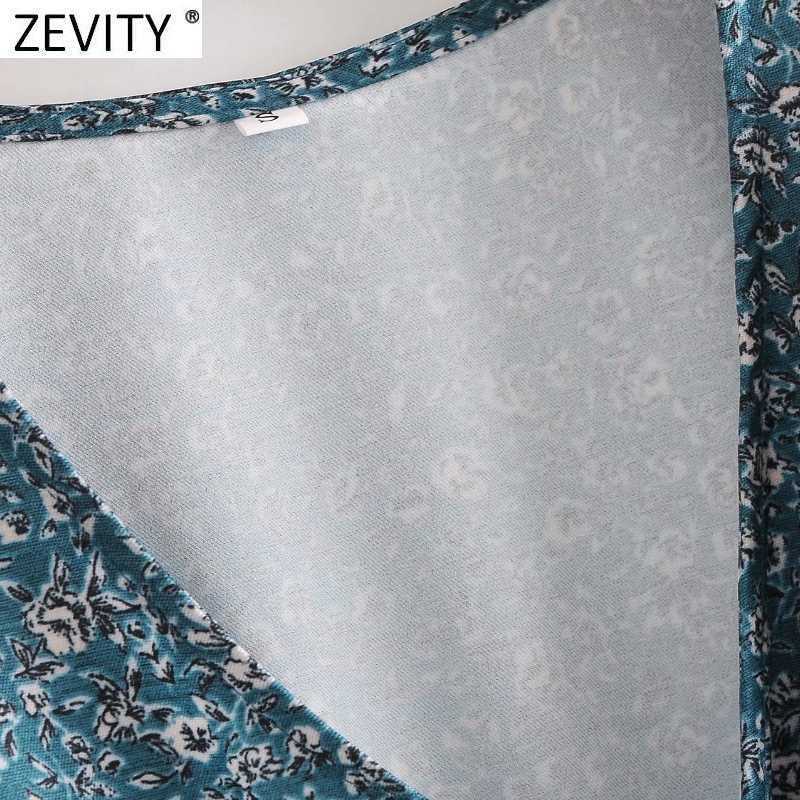 Zevity Women Vintage Cross V Neck Floral Print Ruffles Mini Dress Femme Long Sleeve Bow Tied Sashes Vestido Cloth DS4702 210603