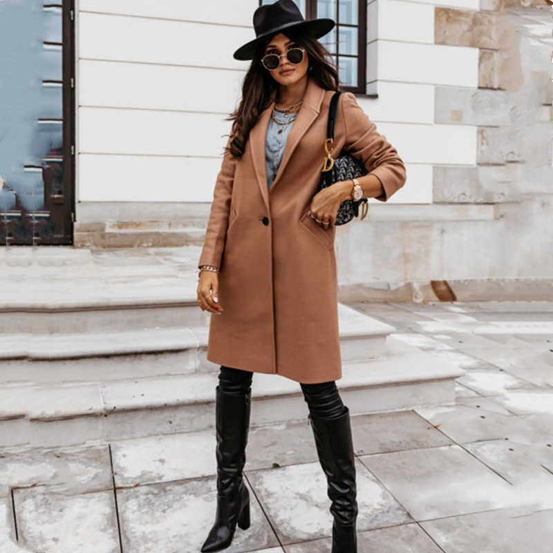 Autumn Winter Women Overcoat Casual Solid Lapel Slim Single Breasted Pocket Mid Length Coats Woman Trench Coat Plus Size Femmino 210526
