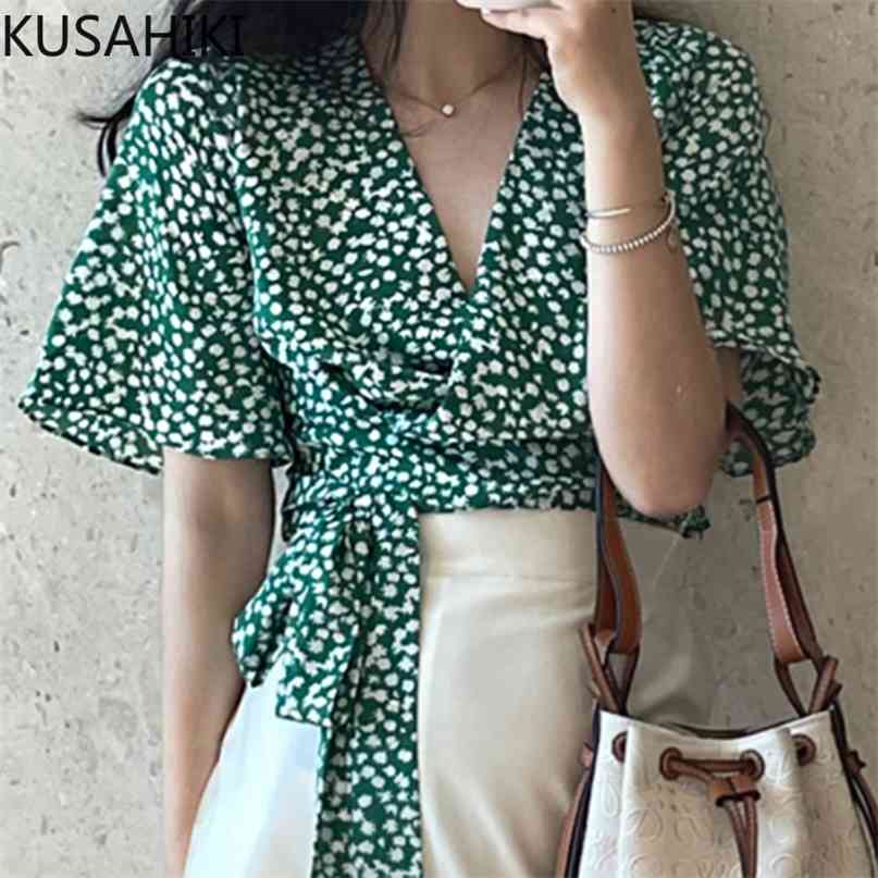 Korean Chic Floral Shirt Elegant C-neck Short Sleeve Woman Blouse Summer Bow Bandage Blusas Mujer De Moda 210603