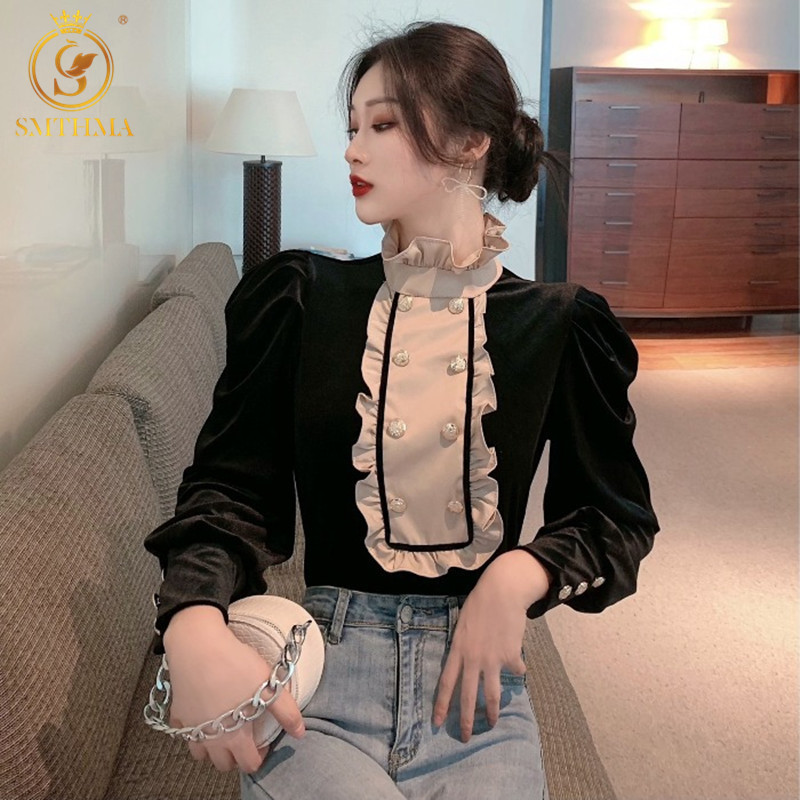 Spring Vintage Temperament Puff Sleeves Ruffle Stand Collar Double Breasted Velvet Top 210520, Picture color
Spring Vintage Temperament Puff Sleeves Ruffle Stand Collar Double Breasted Velvet Top 210520, Picture color