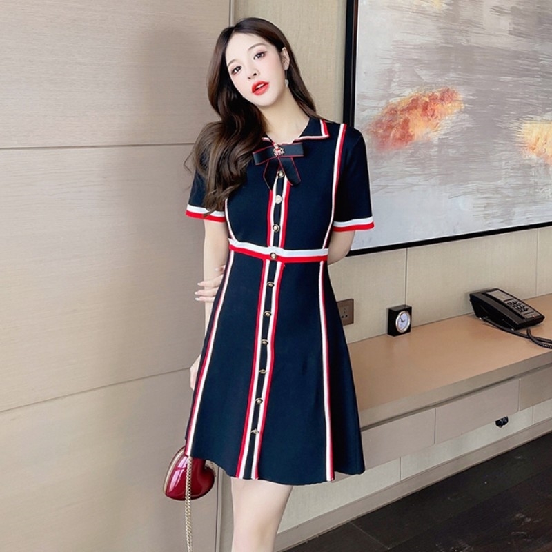 Summer Bow Lapel Long Sleeve Single-Breasted Knitted Dress Vintage Hit color Striped Casual A-Line 210519
