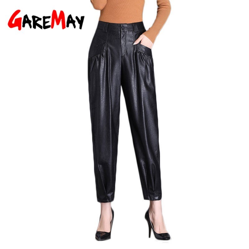 Women Black Faux Leather Suit Pants High Waist Pockets Fashion Lady Warm Pant Office Ladies Pu Trousers 210428