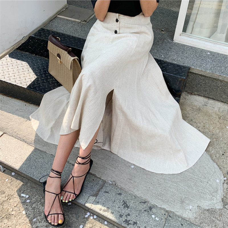High Waist Skirts Womens Summer OL Elegant Vintage Stylish Solid Cotton Linen A-Line Irregular Split Long Skirt 210421