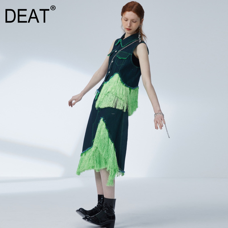 DEAT New Spring Summer Fashion Casual Sleeveless Single Breasted Slim Green Tassel Vest Skirt Denim Two Piece Set SJ942 210428