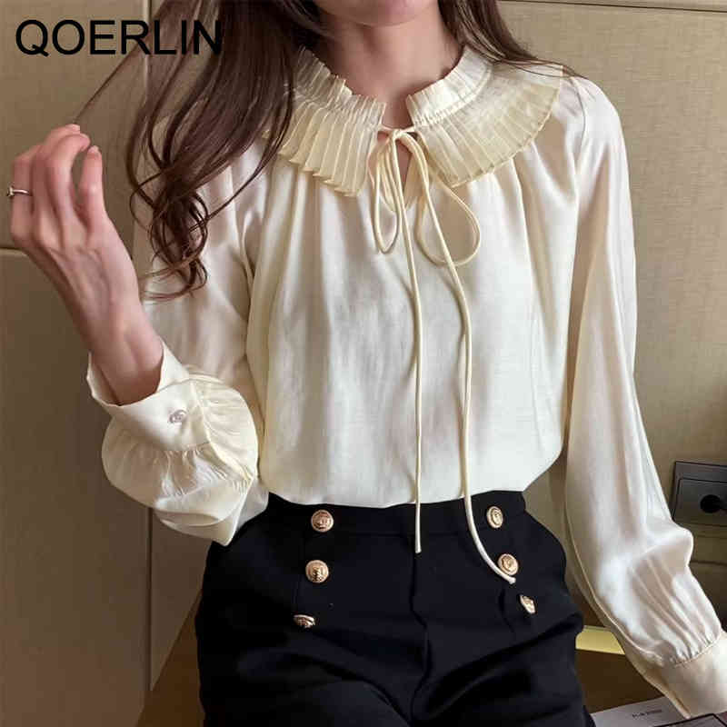 QOERLIN Apricot Ruffled Blouses for Women Elegant Korean Lace Up Bowtie Long Sleeve Loose Pleated Sleeve Chiffon Shirt Plus Size 210412