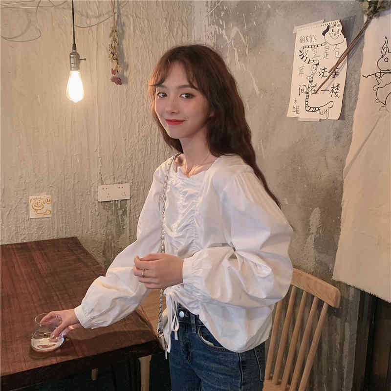 Korean Fashion Clothing Elastic Pleated Solid Drawstring Spring Blouse Blusas Mujer De Moda Puff Sleeve White Shirts 10118 210506
