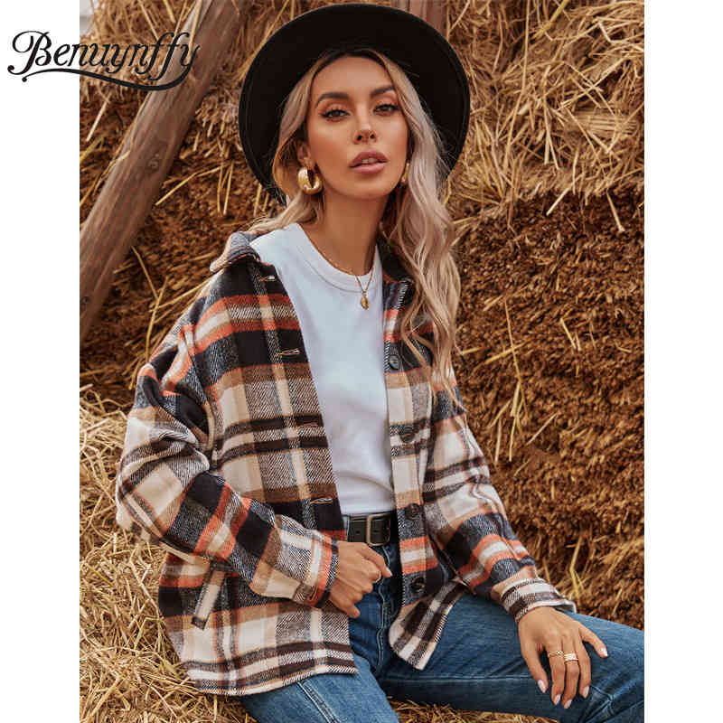 Turn-down Collar Drop Long Sleeve Autumn Winter Plaid Coat Women Casual Single Breasted Ladies Outwear Coats Jacket 210510