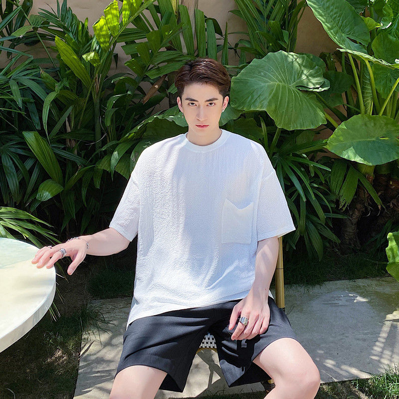 IEFB Summer Half Sleeve Fashion Minimalist Style Single Pocket T-shirt Men's Loose Round Neck Casual Tops Loose Big Size 9Y7378 210524