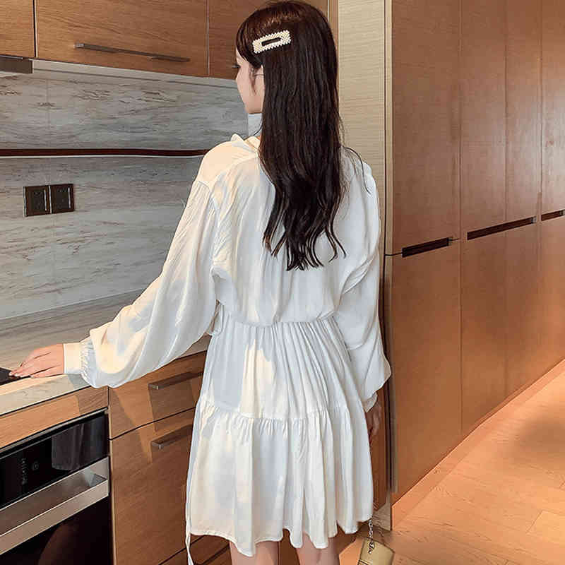 White Long Sleeve Mini DressTemperament Simple Drawstring V-neck High Waist Dresses Autumn Korean Women Dress 11421 210427