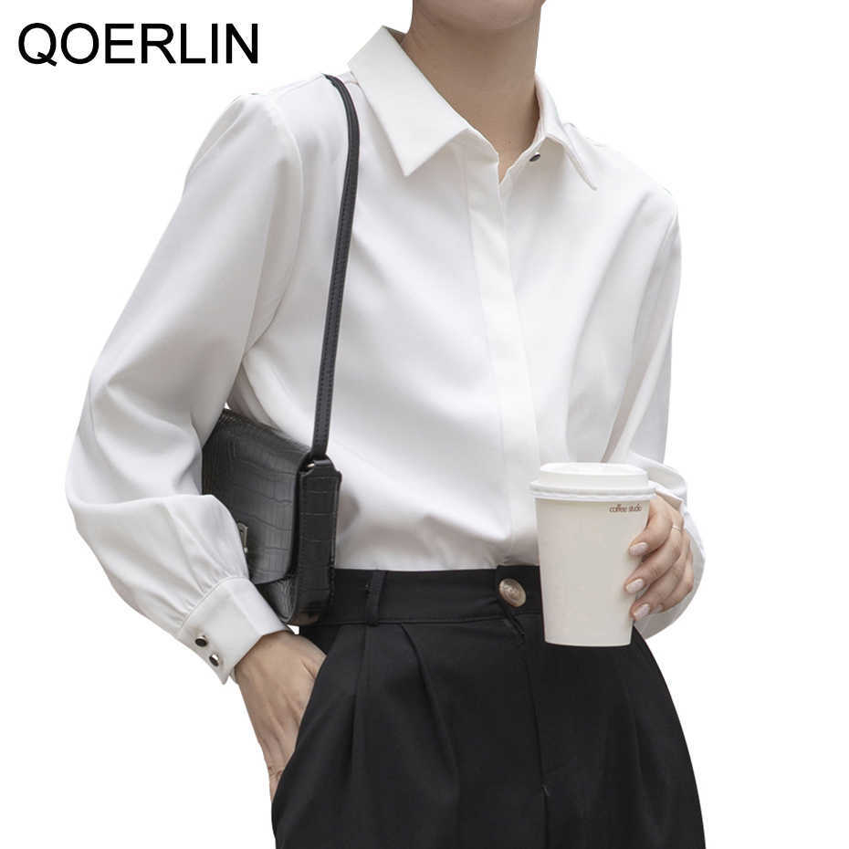 OL Style Women White Shirts Turn-Down Collar Blouse Tops Elegant Workwear Female Blusas Single-Breasted Invisiable Button 210601