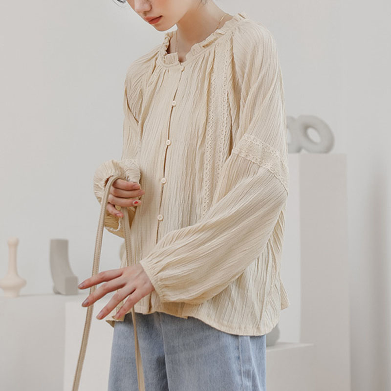 Early Spring Round-necked Women's Shirt Retro Cotton Lantern Sleeve Fashion Blouse Women Blusas Mujer 13029 210427