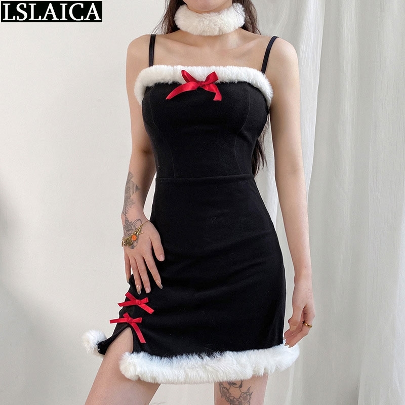Christmas Dress Bowknot Plush Stitching Contrast Color Split Sling Sleeveless Mini Women Fashion Clothing 210520, Black
Christmas Dress Bowknot Plush Stitching Contrast Color Split Sling Sleeveless Mini Women Fashion Clothing 210520, Black