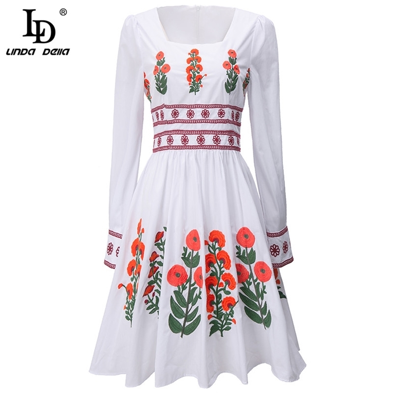 Summer Fashion Designer Mini Cotton Dress Women Long sleeve Beautiful Flower Embroidery Elegant White 210522